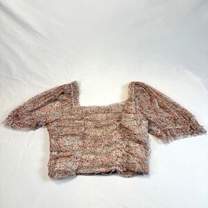 HM Womens Floral Mesh Ruched Puff Sleeve Smocked Back Crop Top Peach Pink Size L